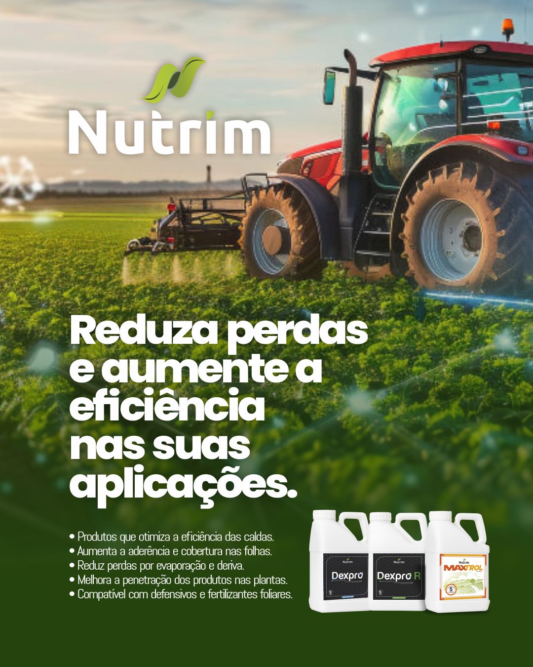 Propaganda com embalagens de 5 litros dos produtos Maxtrol, Dexpro e Dexpro R
